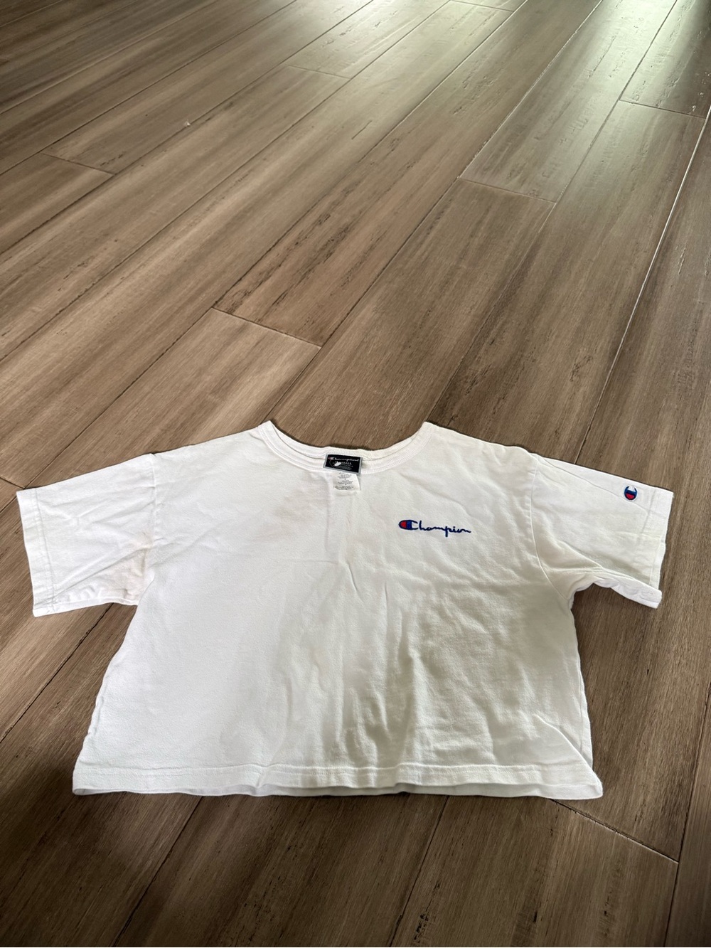 Champion White Short Sleeve Logo Tee with Blue & Red Accent